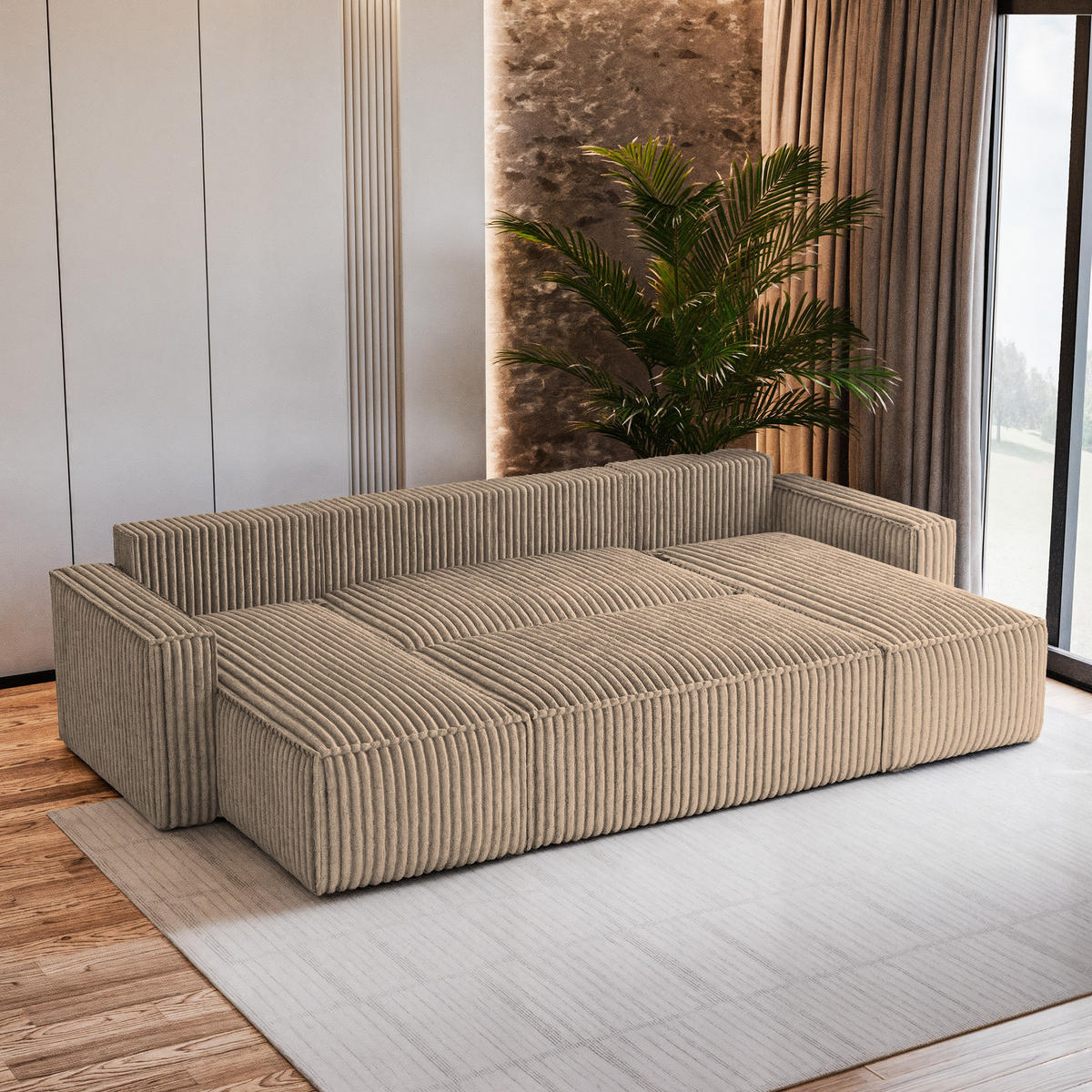 WOHNLANDSCHAFT PESANO T Beige Kordstoff mit Schlaffunktion - Beige, Holz (306/85/140cm) - MASSENO