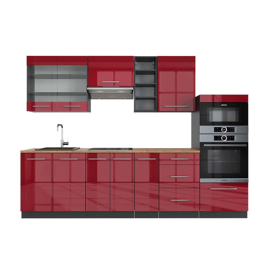 KÜCHENZEILE Fame-Line Bordeaux Hochglanz/Anthrazit 280 cm, AP Eiche - Bordeaux/Anthrazit, Holzwerkstoff (280/81.6/60cm) - Vicco
