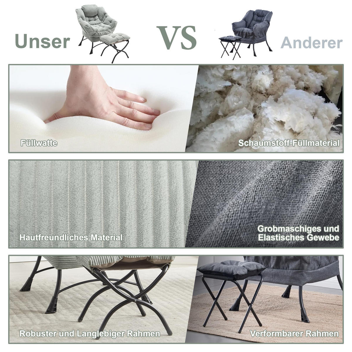 LOUNGESESSEL Relaxsessel mit Hocker,dicke Polsterung,Hellgrün - Hellgrün, Metall (70/95/64cm) - LVHOM