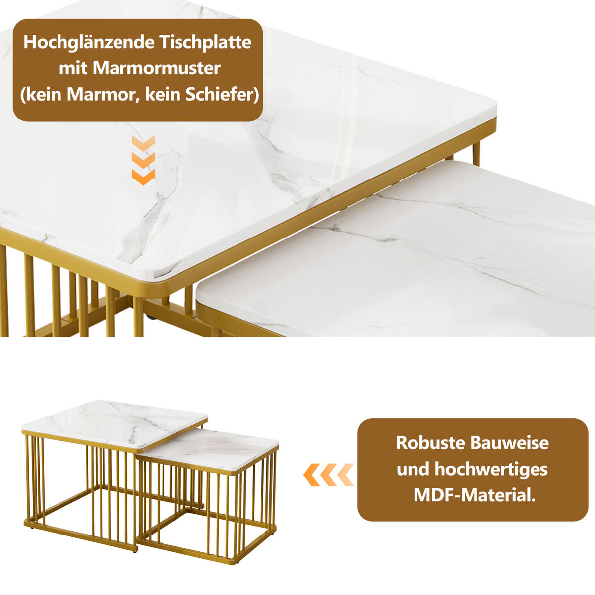 KLUBSKA miza, komplet 2 kosov, 60/60/45 in 45/45/40 cm, MDF bela v marmornem videzu - bela, leseni material (60/60/45cm) - BEAOK