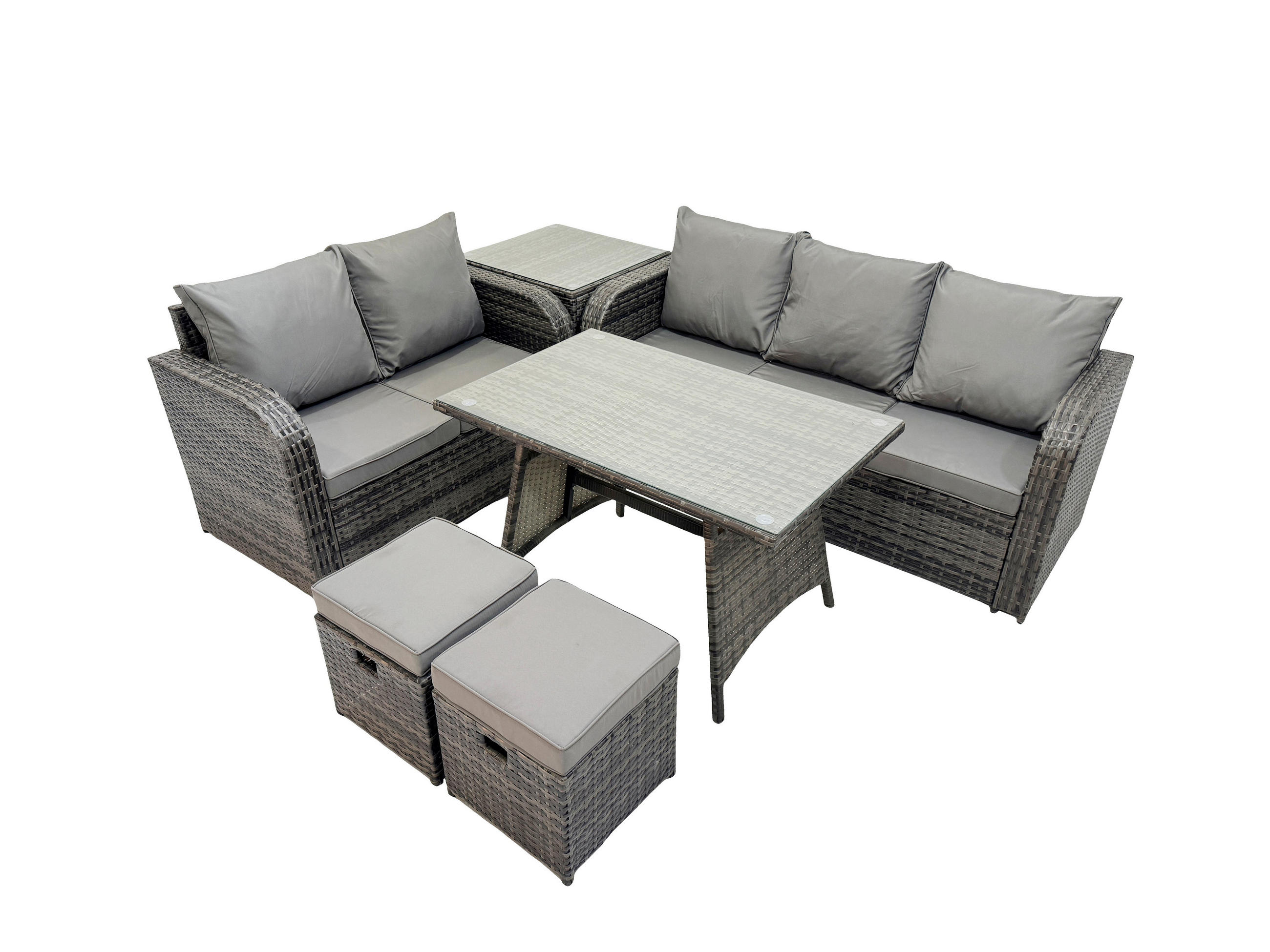 GARTENMÖBEL SET Polyrattan Dunkelgrau 7-Sitzer - Dunkelgrau/Grau, Glas/Kunststoff - Fimous