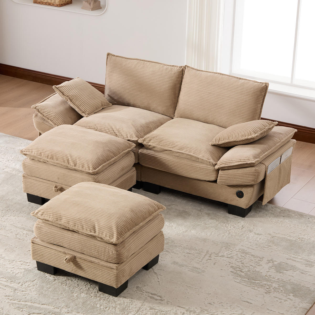 2-SITZER SOFA Cord Khaki mit Hocker, USB-C und Seitentaschen - Hellbraun, Holzwerkstoff/Kunststoff (190/84/132cm) - WISHDOR