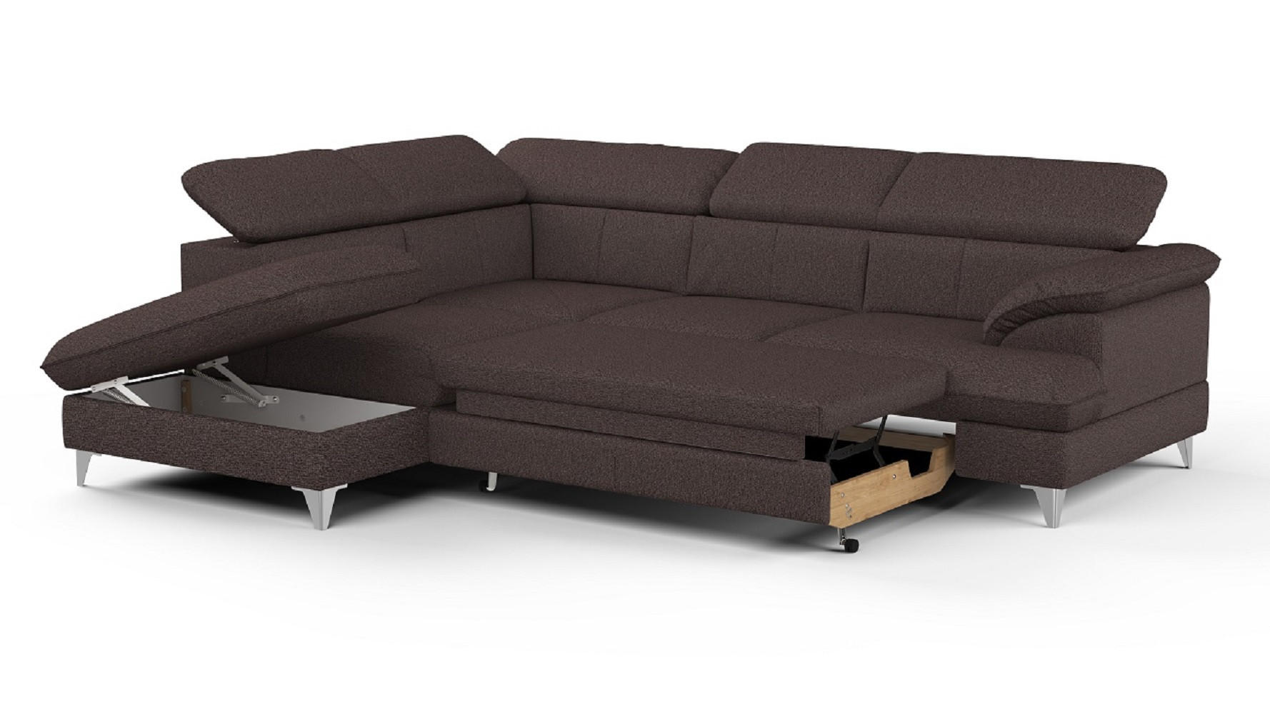 ECKSOFA mit Schlaffunktion und Bettkasten, verstellbare Kopfstützen - Chromfarben/Dunkelbraun, Textil/Metall (256/208cm) - Cotta