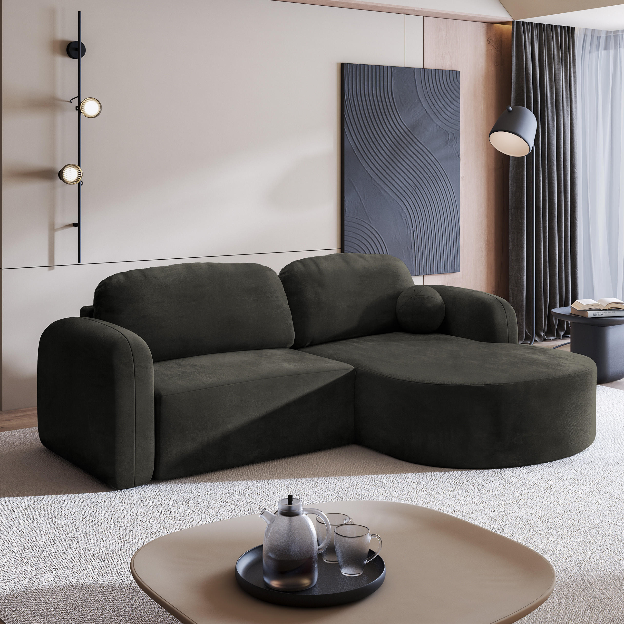 ECKSOFA AMILIA M R-S Schwarz Velours-Stoff mit Schlaffunktion - Schwarz, Holz (263/174cm) - MASSENO