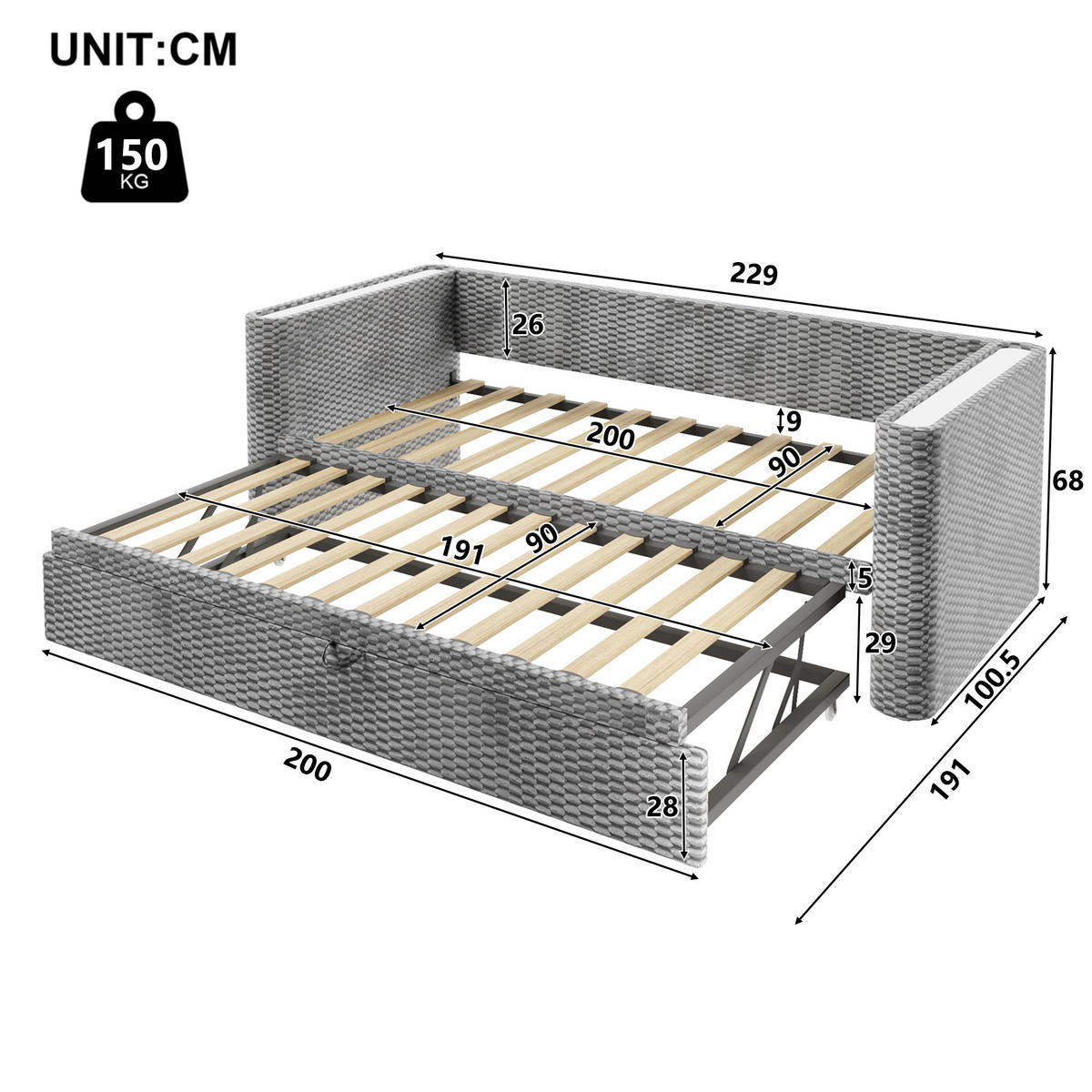 TAGEBETT 90x200cm + 180x200cm Grau Samt LED-Licht Ausziehbett - Grau, Holz (180/200cm) - FLIEKS
