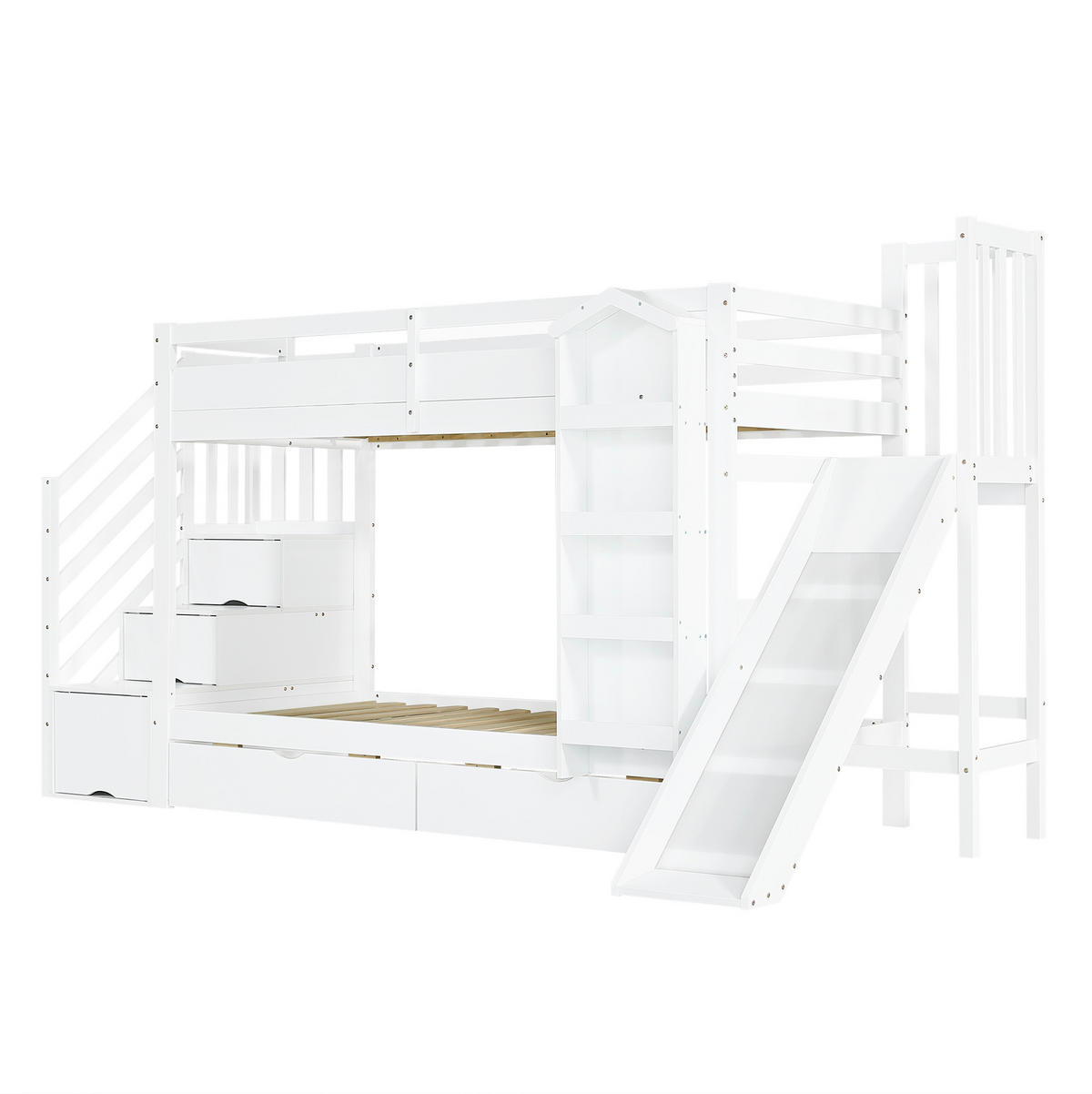 ETAGENBETT aus Kiefer und MDF 90x200 cm Weiß mit Rutsche, Treppenregal, Bilderbuchregal und 2 Schubladen - Weiß, Holzwerkstoff (90/200cm) - Modfu
