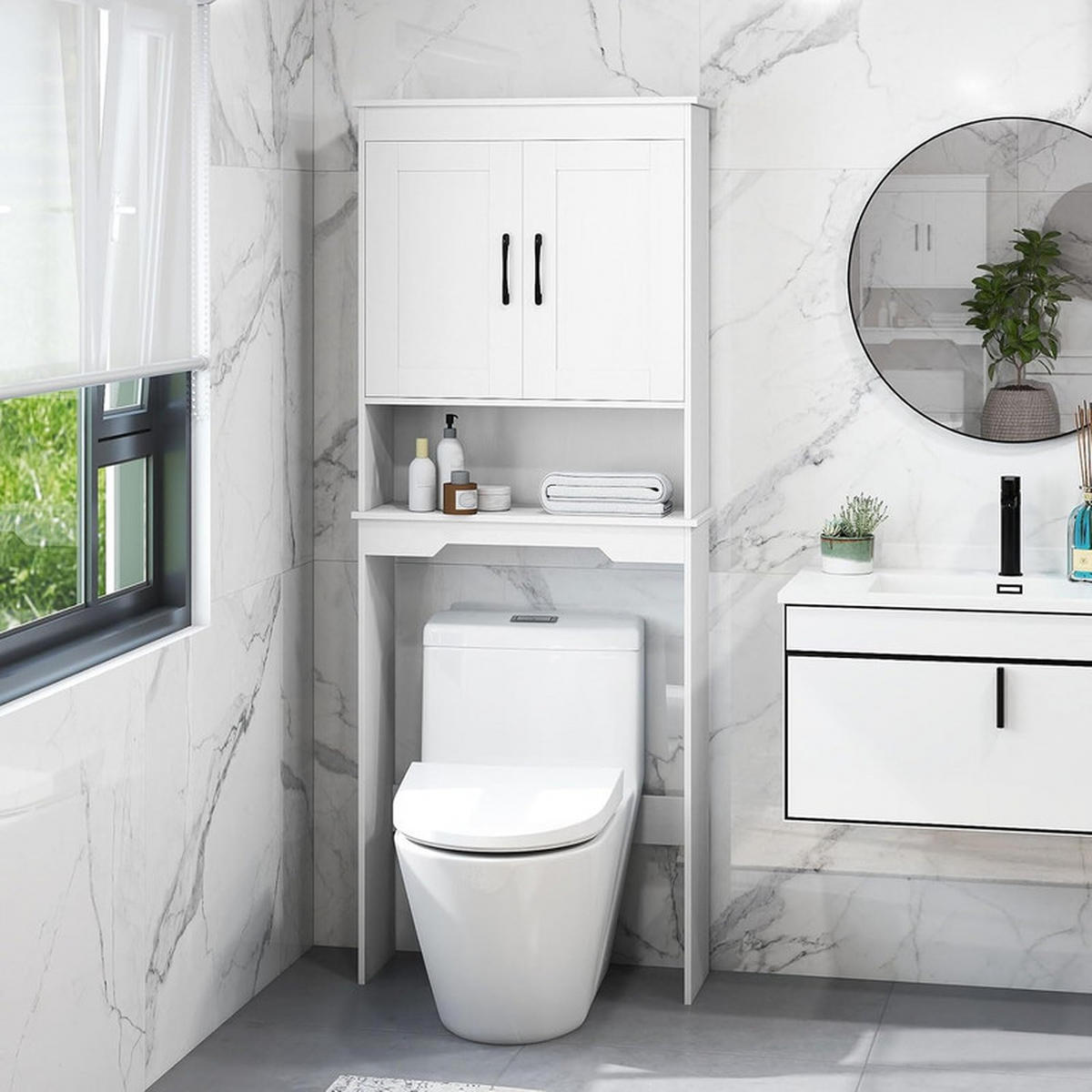 TOILETTENÜBERREGAL mit 2 Türen weiß - Weiß, Holzwerkstoff (63/168/24cm) - COSTWAY