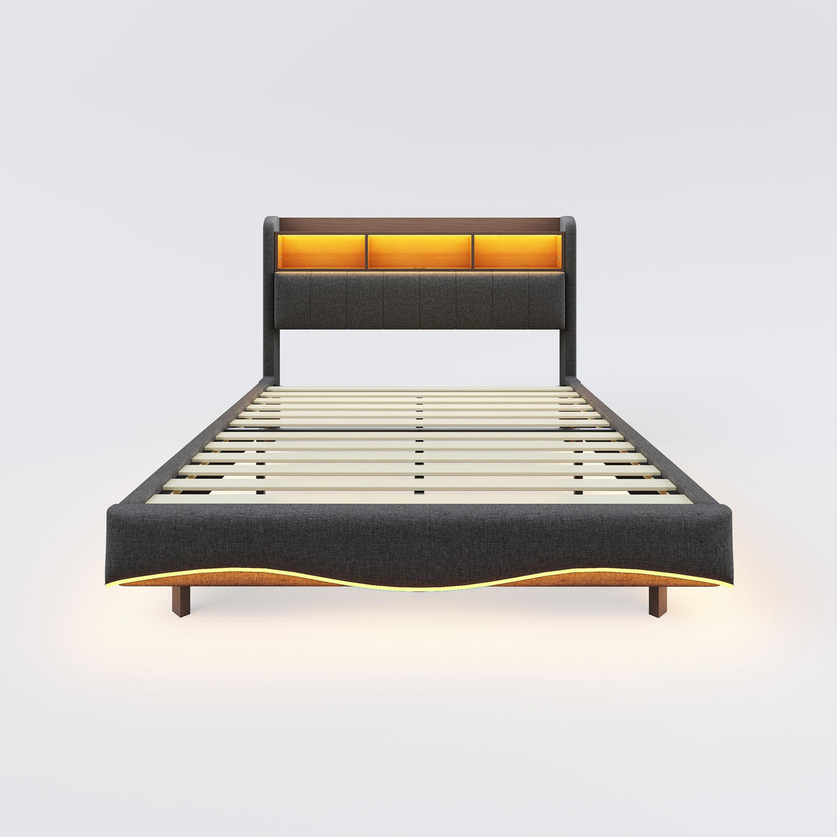 POLSTERBETT aus Stoff 160x200 cm Grau mit LED-Beleuchtung, USB-, Typ-C-Anschluss und Stauraum am Kopfteil - Grau, Textil (160/200cm) - Modfu