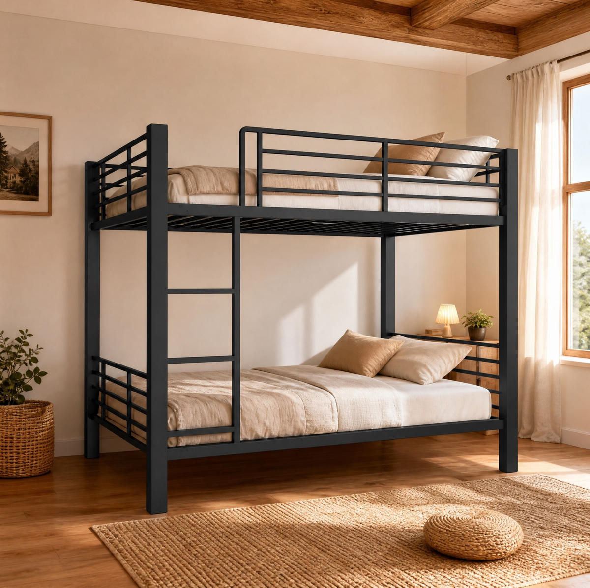 ETAGENBETT 140/200 cm aus Metall mit Sicherheitsgeländer, Schwarz - Schwarz, Metall (140/200cm) - OKMYHOME
