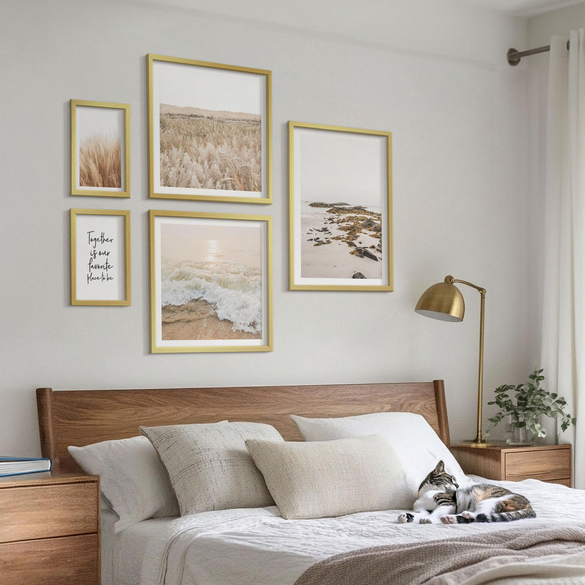 BILDER SET 5er Set - 50x50 cm & 20x30 cm & 40x60 cm Goldrahmen - Wiesen, Strand, Boho-Stil - Goldfarben, Kunststoff (40/60cm) - TULUP