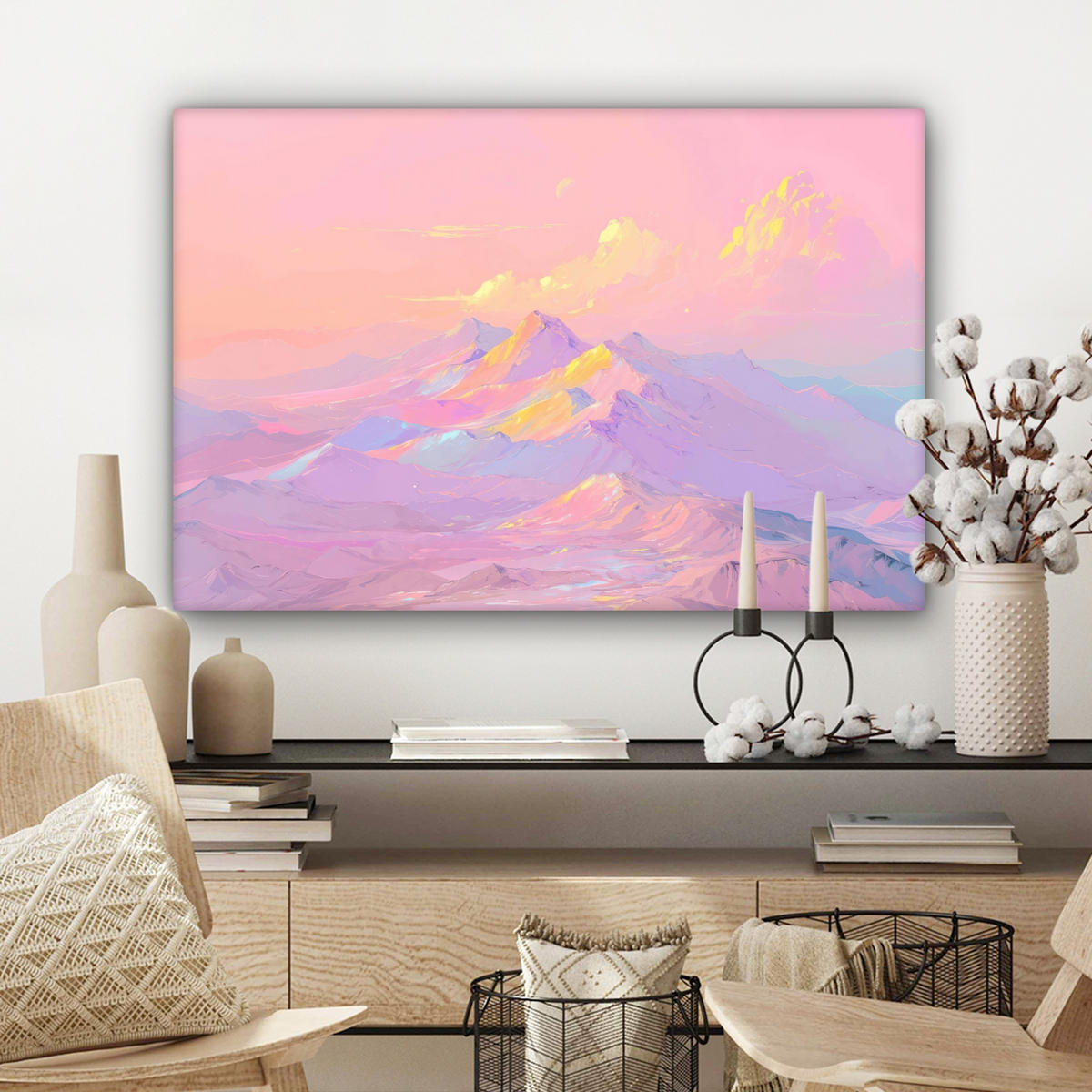 LEINWANDBILD Berggipfel - Wolken - Verträumt Wanddeko 90x60 cm - Hellrosa, Textil (90/60cm) - MuchoWow