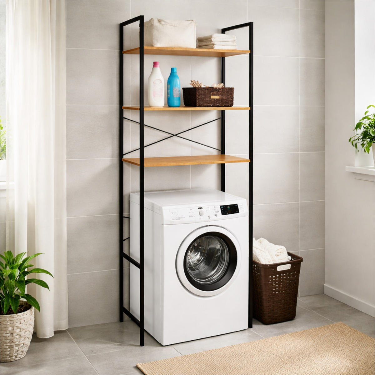 WASCHMASCHINEREGAL Holzoptik Metall Erlefarben Schwarz 3 Ebenen 66x30x186 cm - Erlefarben/Schwarz, Holzwerkstoff/Metall (66/186/30cm) - Begryf