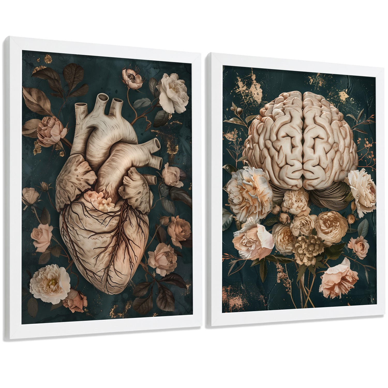 POSTER Set aus 2 Anatomie Mensch Drucke und Wandbilder mit Herz und Gehirn Elegante Florale Illustration Grüner Hintergrund Größe Weißer Rahmen A4 - Weiß, Papier (21/29.7/3cm) - Nacnic