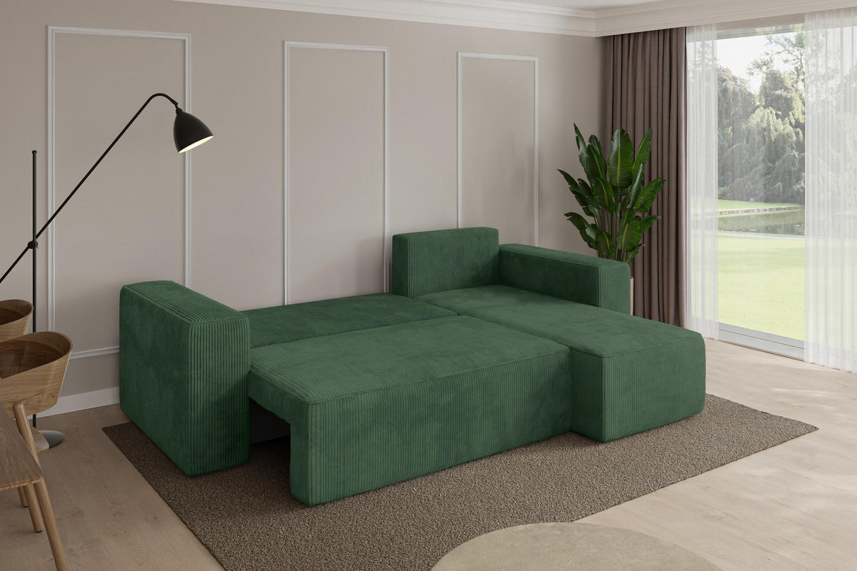 ROHOVÁ SEDAČKA s funkcí spaní, otoman vpravo SENO-L 249x139x85 zelená manšestr - černá/tmavě zelená, kompozitní dřevo/textil (249/139cm) - ALTDECOR