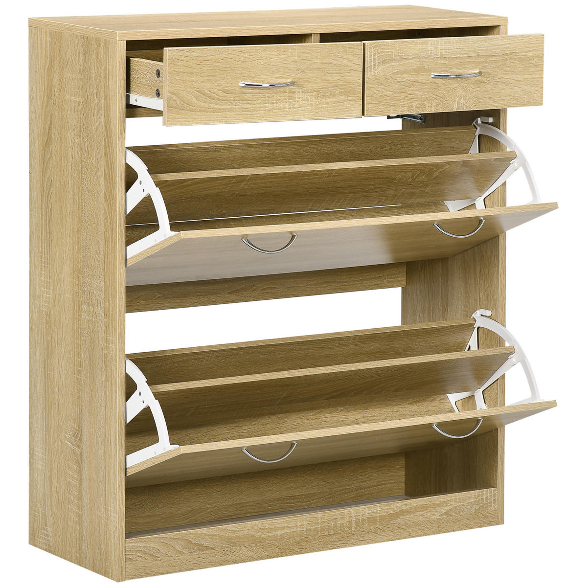 SCHUHSCHRANK DE-14988 2 Klapptüren & 2 Schubladen mit verstellbaren Böden Naturholz - Eichefarben, Holzwerkstoff (80/91.5/30cm) - ComfortXL