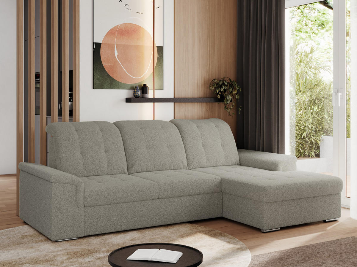 ECKSOFA MADRITO L - Hellgrau Boucle - Rechts - Silberfarben/Hellgrau, Textil/Metall (256/160cm)