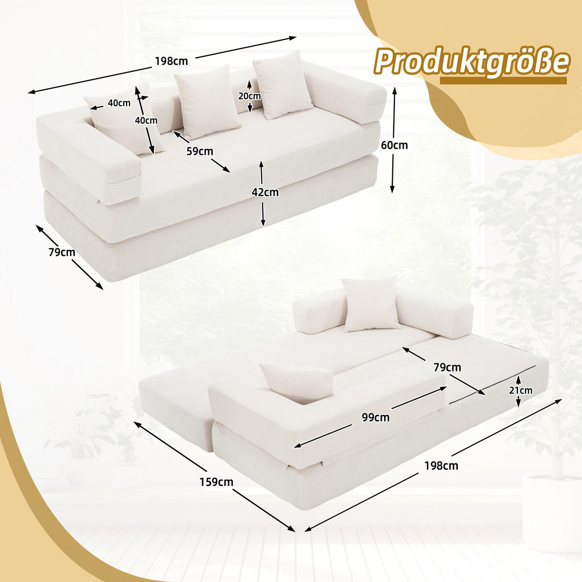 3-SITZER SOFA Chenille Beige mit Seitentaschen, Reißverschluss und rutschfester Unterseite - Beige, Holzwerkstoff/Textil (198/60/79cm) - WISHDOR