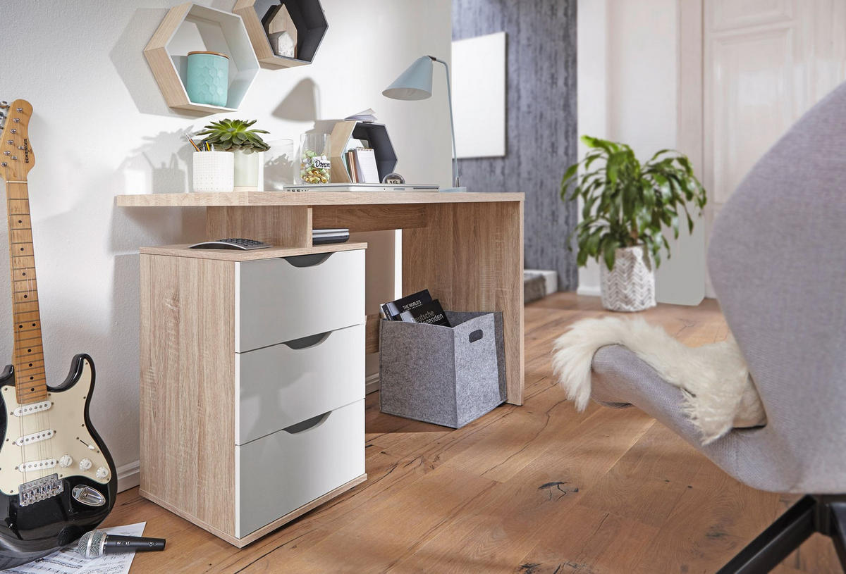 SCHREIBTISCH – Sonoma Weiß, 120x76x53 cm, 3 Schubladen, stilvoll - Beige, Holz (53/120/76cm) - KADIMA DESIGN