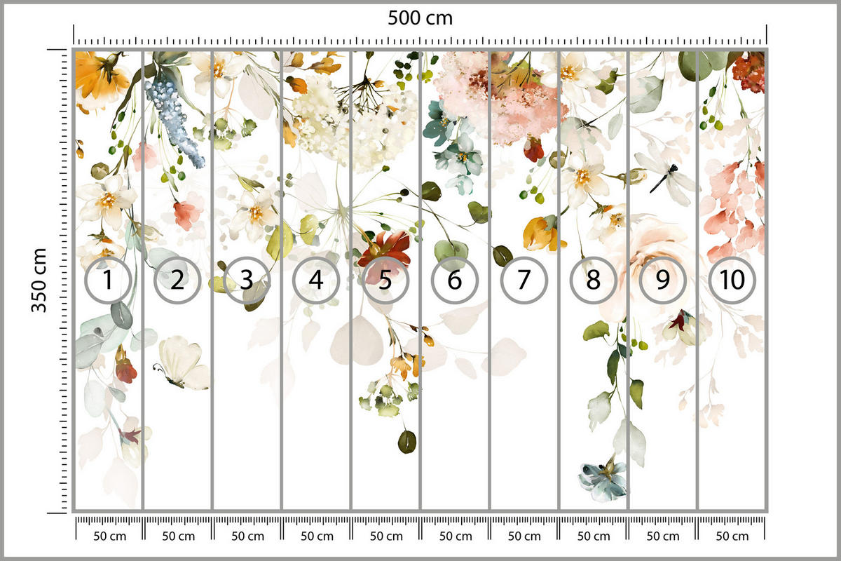 FOTOTAPETE für Schlafzimmer Bunte Zarte Blumen Blätter Pastell 500x350 - Ecru/Beige, Papier (500/350cm) - Muralo