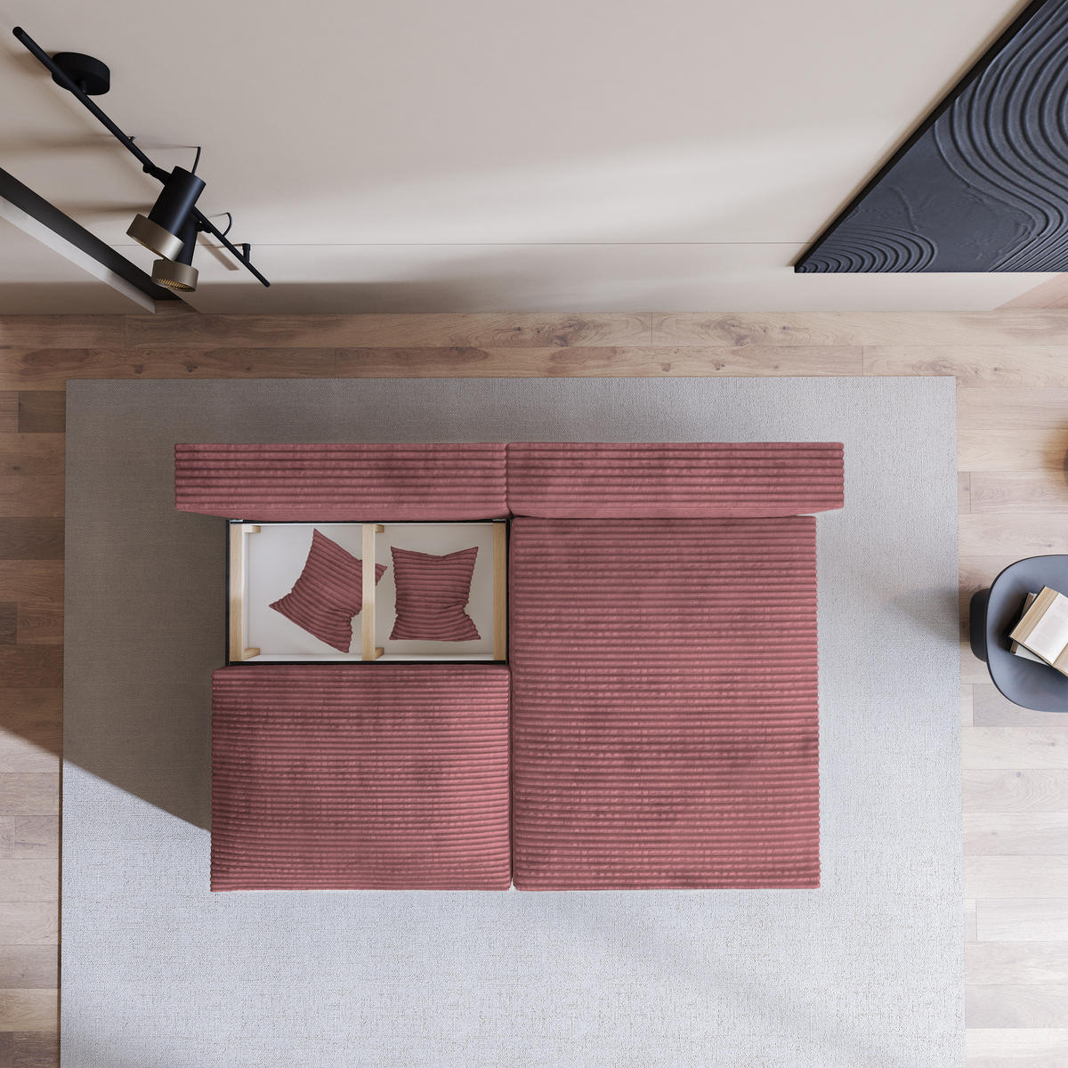 ECKSOFA FIORO Rosa Kordstoff mit Schlaffunktion - Rosa, Holz (204/148cm) - MASSENO