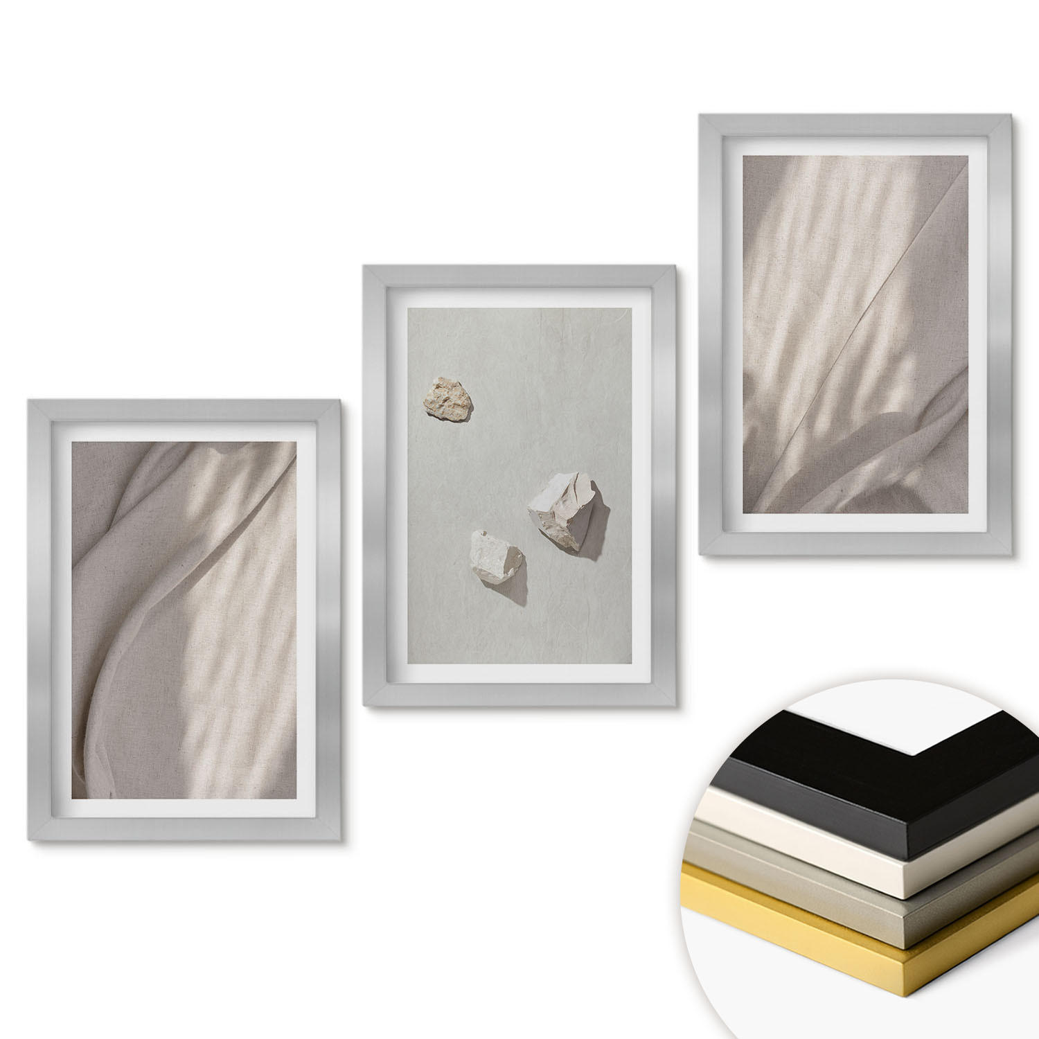 WANDBILDER 3er Set - 20x30 cm Silberner Rahmen - Nahaufnahmen der Struktur im Boho-Stil - Silberfarben, Kunststoff (20/30cm) - ArtPrintCave