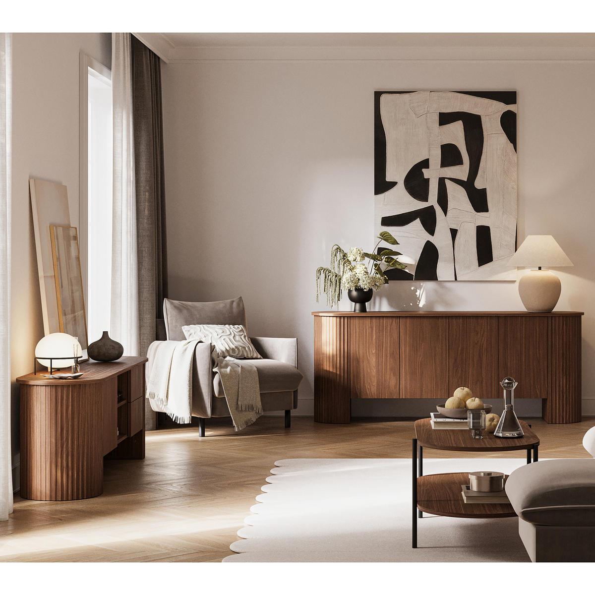 KOMODA Carlo s 1 dvířky a 3 zásuvkami, Push-To-Open, 200 cm, ořech - barva vlašského ořechu, kompozitní dřevo (200/80/45cm) - Beautysofa