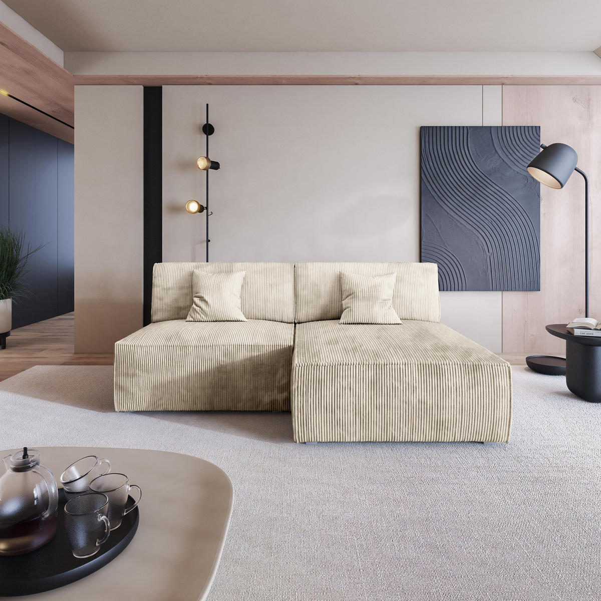ECKSOFA FIORO P Creme Kordstoff mit Schlaffunktion - Creme/Grau, Holz/Kunststoff (204/148cm) - MASSENO