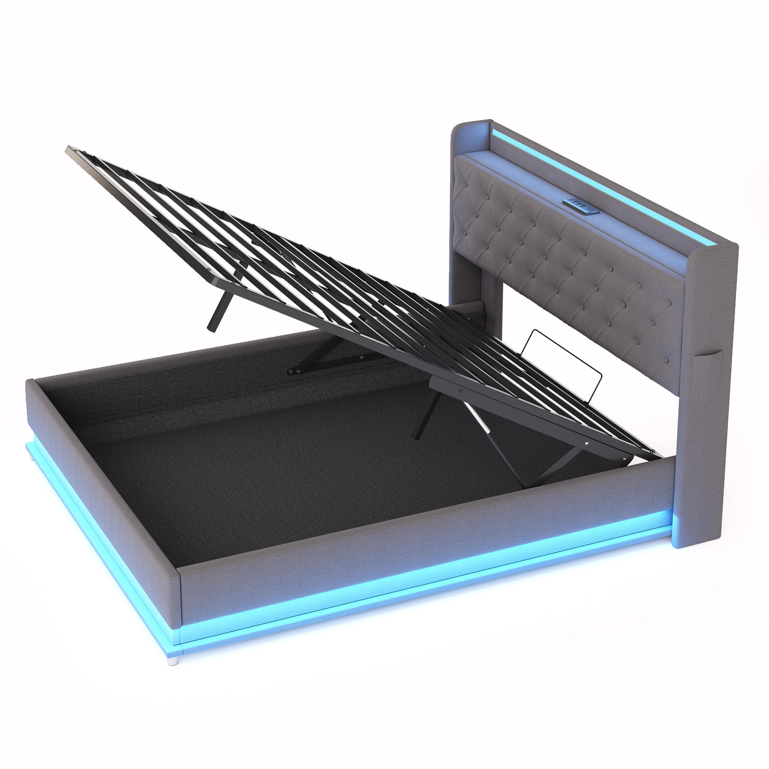 POLSTERBETT 160/200 cm in Grau mit Bettkasten, LED und USB Leinenstoff mit gepolstertem Kopfteil - Grau, Holzwerkstoff/Textil (160/200cm) - STILVORA