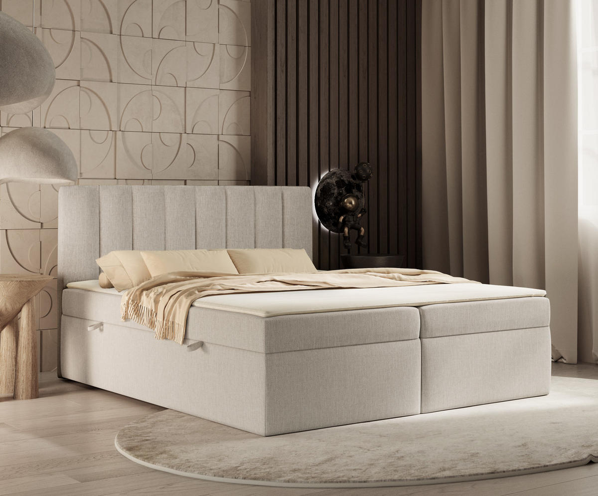 BOXBETT Novento Beige 160/200 cm mit Matratze und Topper - Beige/Schwarz, Holz/Holzwerkstoff (160/200cm) - Maison de Reve