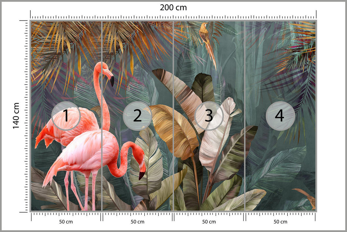 FOTOTAPETE für Wohnzimmer Flamingos Dschungel Blätter Tropisch 200x140 - Multicolor, Papier (200/140cm) - Muralo