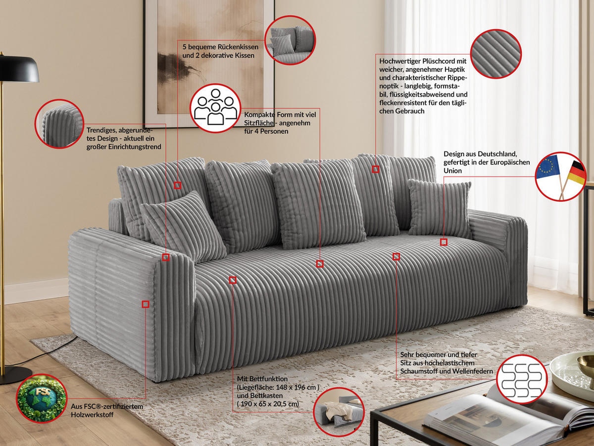 SCHLAFSOFA Calma mit Bettkasten im Bumpy-Design aus weichem Grau Plüschcord - Schwarz/Grau, Holz/Kunststoff (239/88/98cm) - S-Style