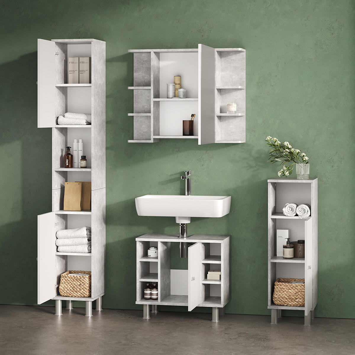 BADMÖBEL-SET Fucino Beton 4 Teile - Weiß/Grau, Holzwerkstoff (60/54/32cm) - Livinity®
