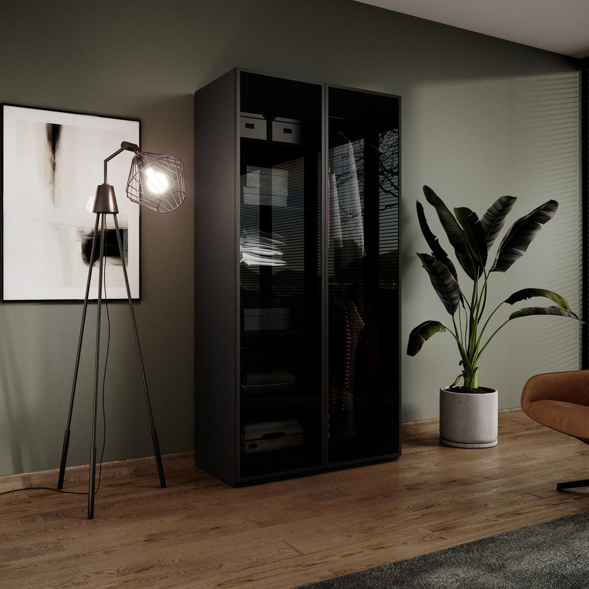 KLEIDERSCHRANK ZEN (Modular, Schwarz Matt, Getöntes Glas Antisol, 2-türig) - Schwarz, Holz/Holzwerkstoff (101/200/51cm) - Ravio
