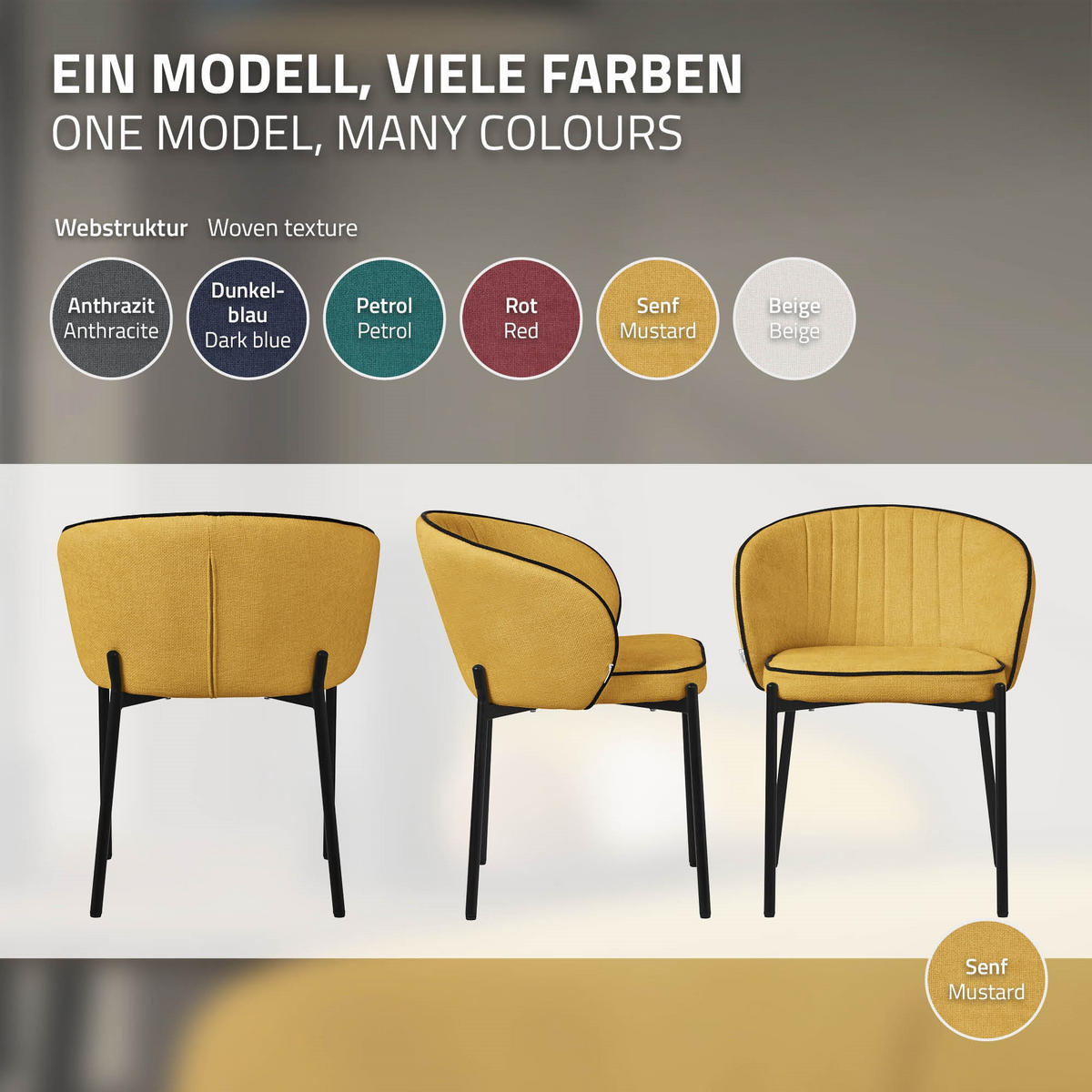 JÍDELNÍ ŽIDLE, sada 2 ks, hořčičná - černá/žlutá, kov/textil (60/75/59cm) - ML-DESIGN