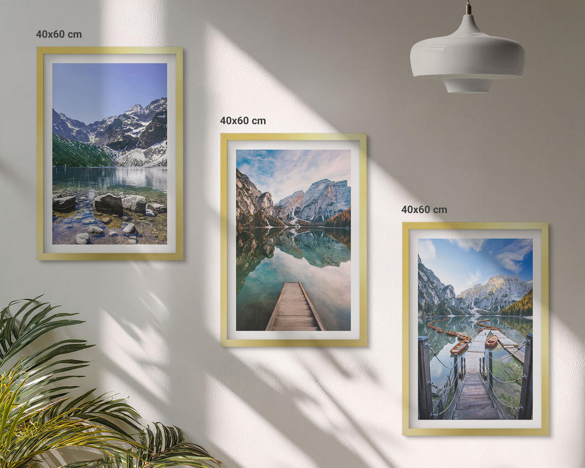 WANDBILDER 3er Set - 40x60 cm Goldrahmen - Berge, Seen, Holzstege - Goldfarben, Kunststoff (40/60cm) - ArtPrintCave