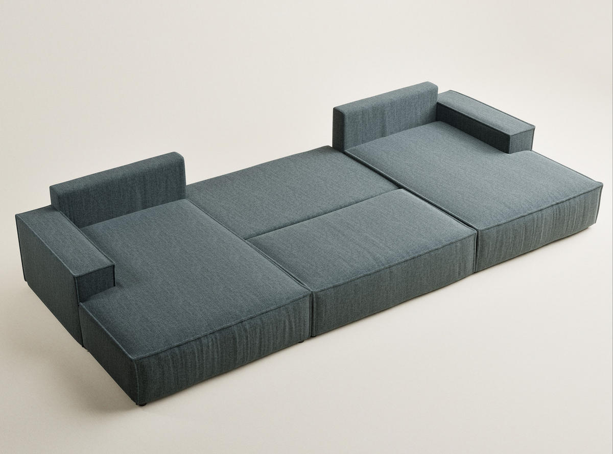 WOHNLANDSCHAFT Kyoto Blau Webstoff - Blau/Schwarz, Holz/Holzwerkstoff (398/70/148cm) - Maison de Reve