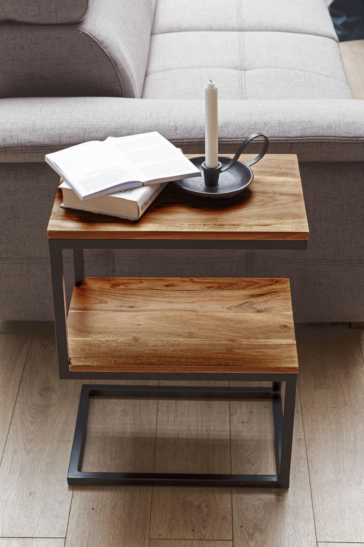 BEISTELLTISCH Massivholz S-Design Metallgestell Ablageflächen INDI, Braun 45x30x60 cm - Schwarz/Braun, Holz/Metall (30/45/60cm) - KADIMA DESIGN