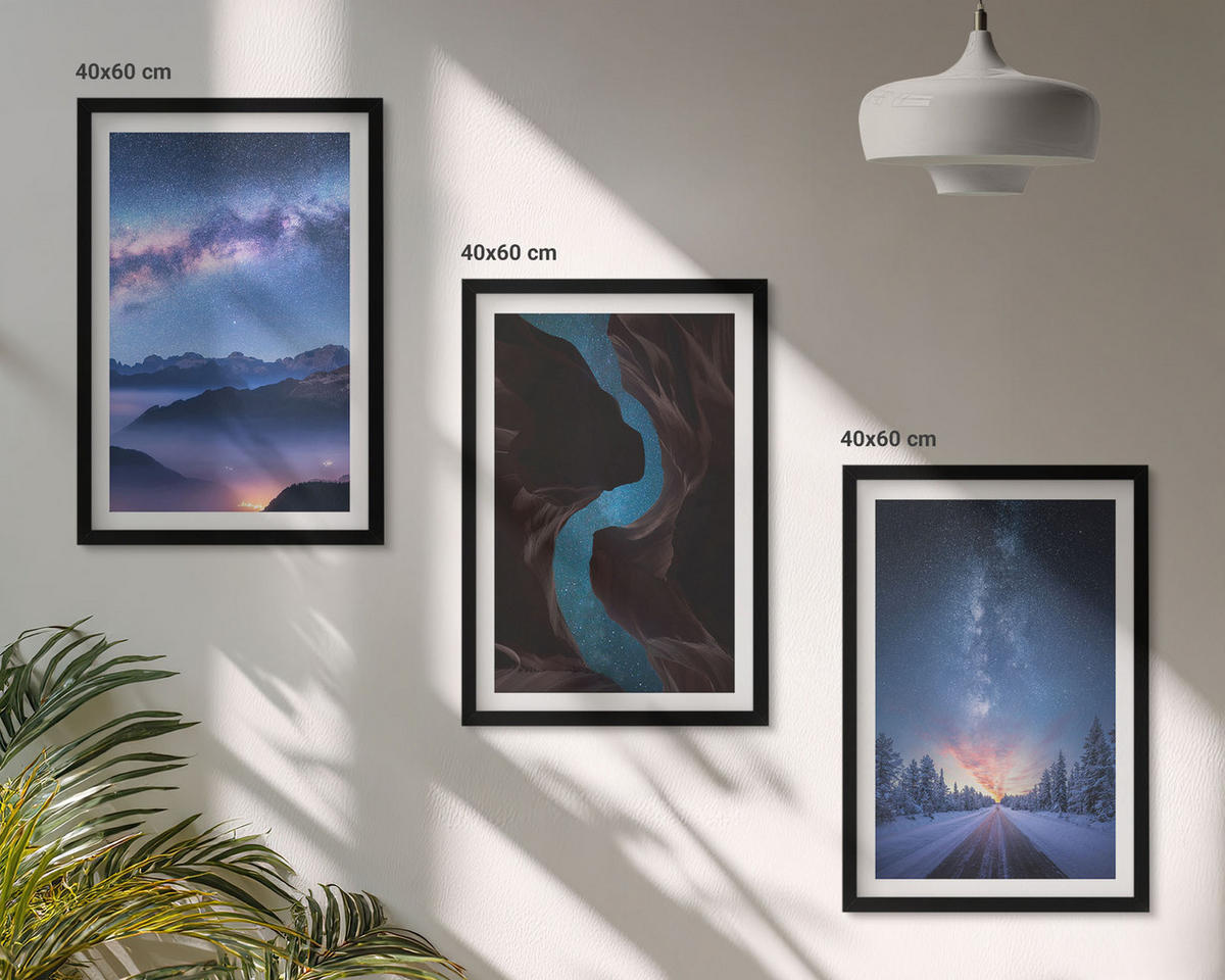 BILDER SET 3er Set - 40x60 cm Schwarzer Rahmen - Nachthimmel, Berge, Winterlandschaft - Schwarz, Kunststoff (40/60cm) - TULUP