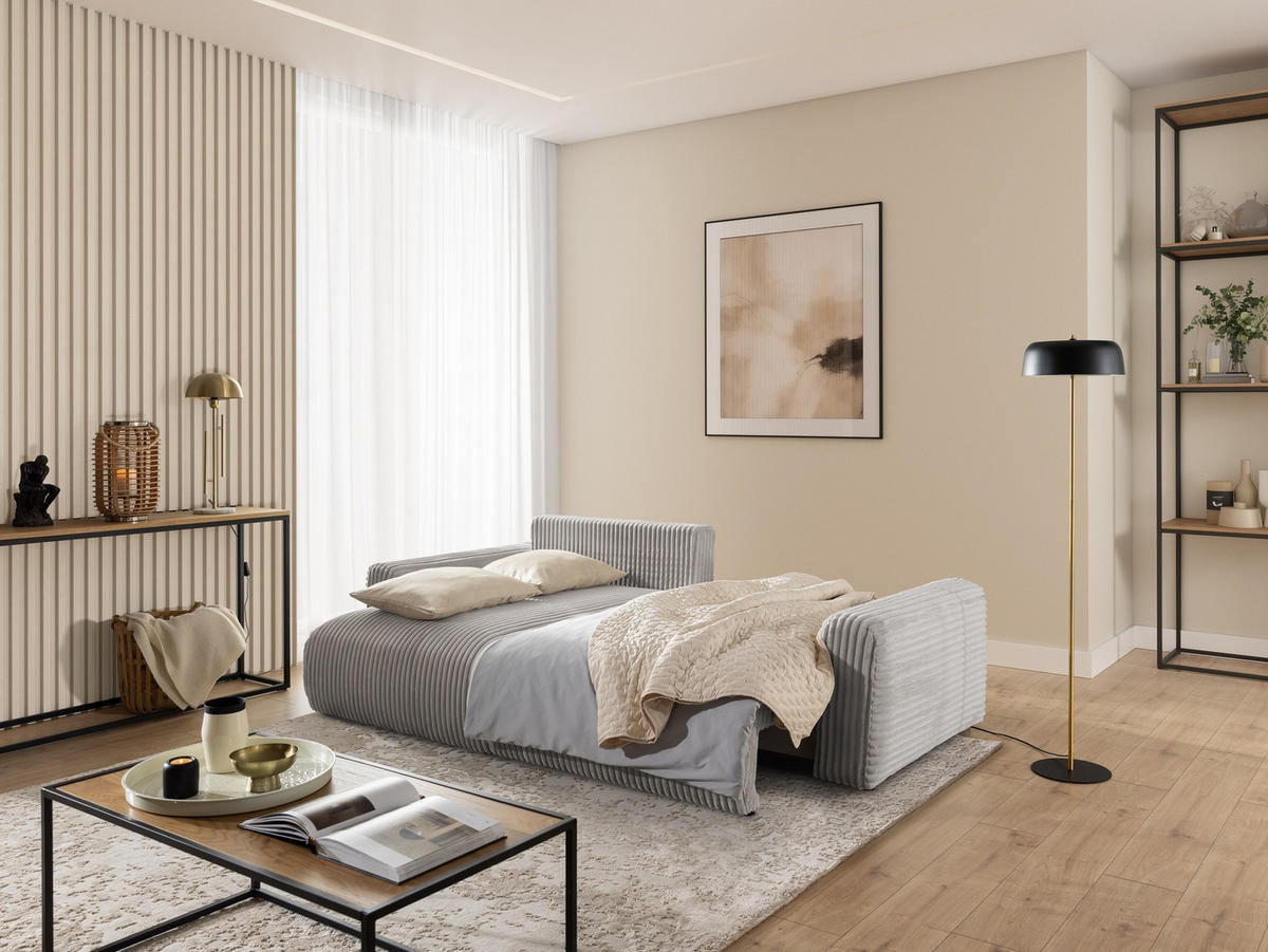 ECKSOFA Calma mit Schlaffunktion und Bettkasten im Bumpy-Design aus weichem Taupe Plüschcord - Ottomane links - Taupe/Schwarz, Holz/Kunststoff (239/140cm) - S-Style