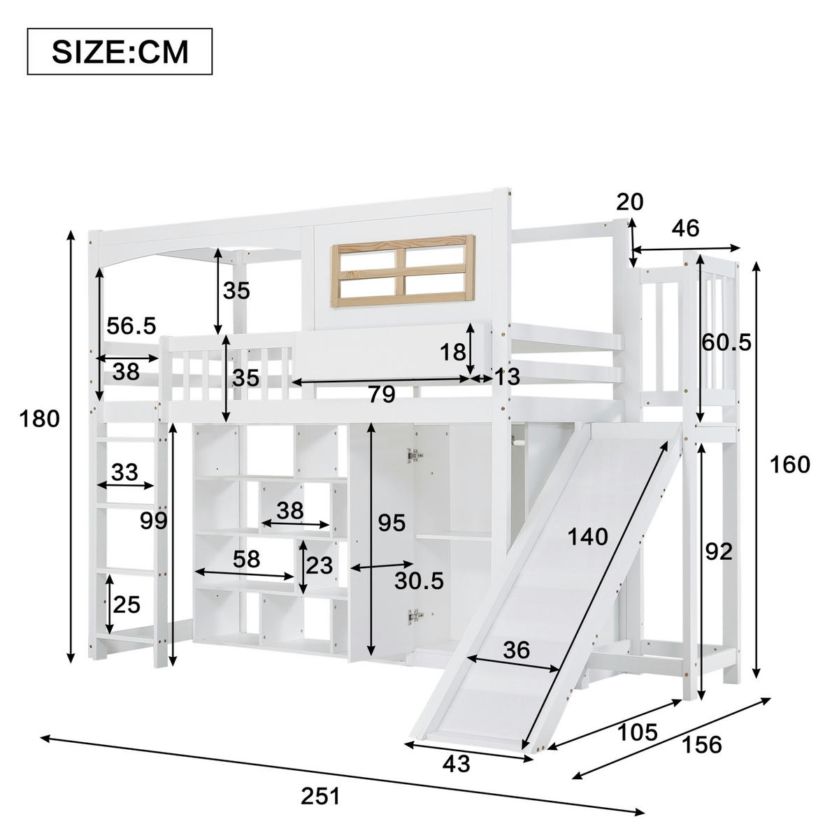 ETAGENBETT 90/200 cm Weiß mit Rutsche und Kleiderschrank aus Kiefer und MDF - Weiß, Holzwerkstoff (90/200cm) - OKWISH
