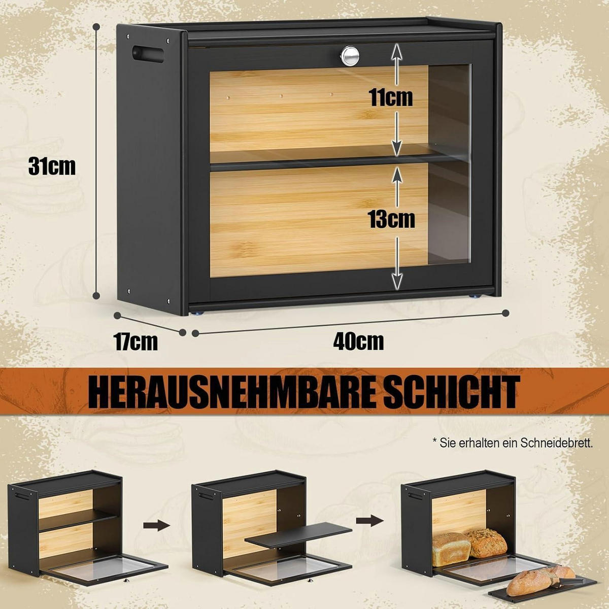 BROTKASTEN Bambus mit 2 Regalen und Sichtfenster 40 cm - Schwarz, Naturmaterialien (17.5/31/40cm)