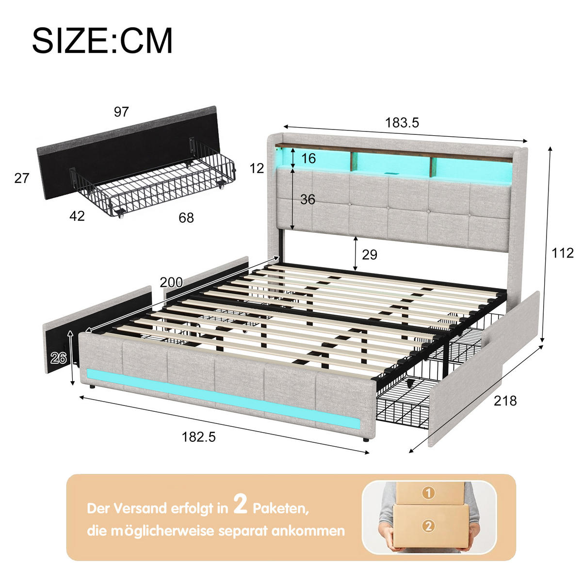 POLSTERBETT,BETT 180x200 mit Schubladen und LED&Ladefunktion,Beige - Beige, Holz/Textil (180/200cm) - PARAFTA HOME