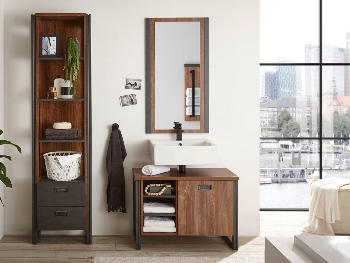 BADMÖBEL-SET 2-teilig Eiche Stirling, Matera grau, Badkombination Waschbeckenunterschrank, Spiegel 81 x 205 cm - Eichefarben/Grau, Holzwerkstoff (81/205/40cm)