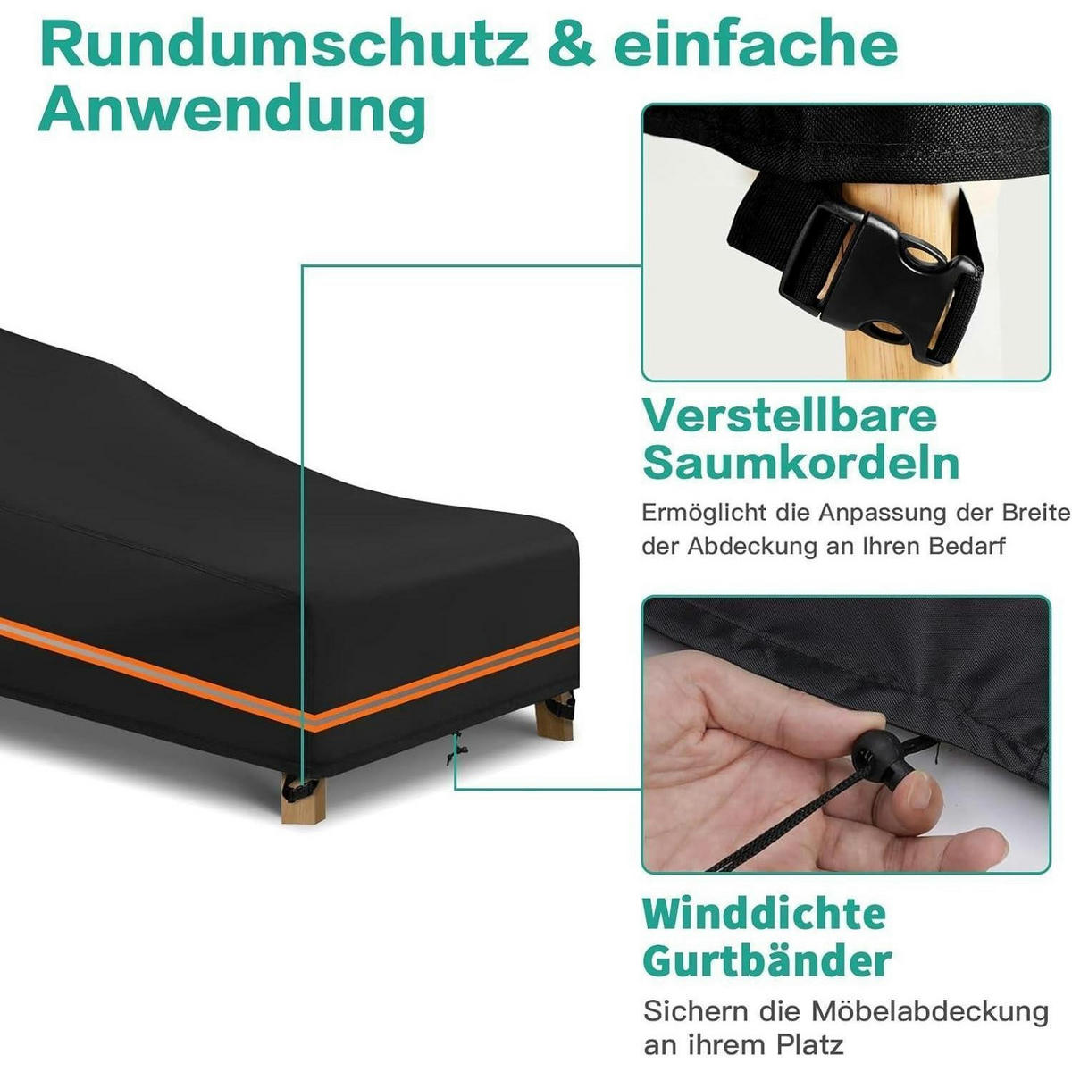 GARTENLIEGE Abdeckung Schwarz 200 x 75 x 40/70 cm - Schwarz, Textil (75/70/200cm)