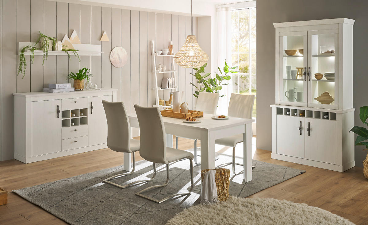 ESSZIMMER-SET 4-teilig weiß Pinie Landhaus, Soft-Close-Funktion - Silberfarben/Weiß, Glas/Holzwerkstoff (166/207/90cm) - Furn.Design