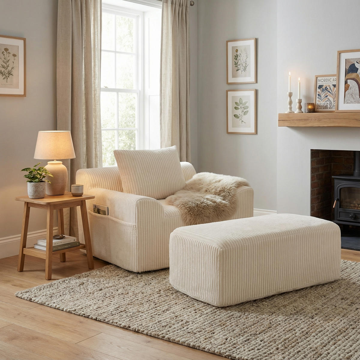 SESSEL mit Hocker in Cord Übergroßer Relaxsessel - Beige, Textil (147/67/110cm) - Urban Meuble