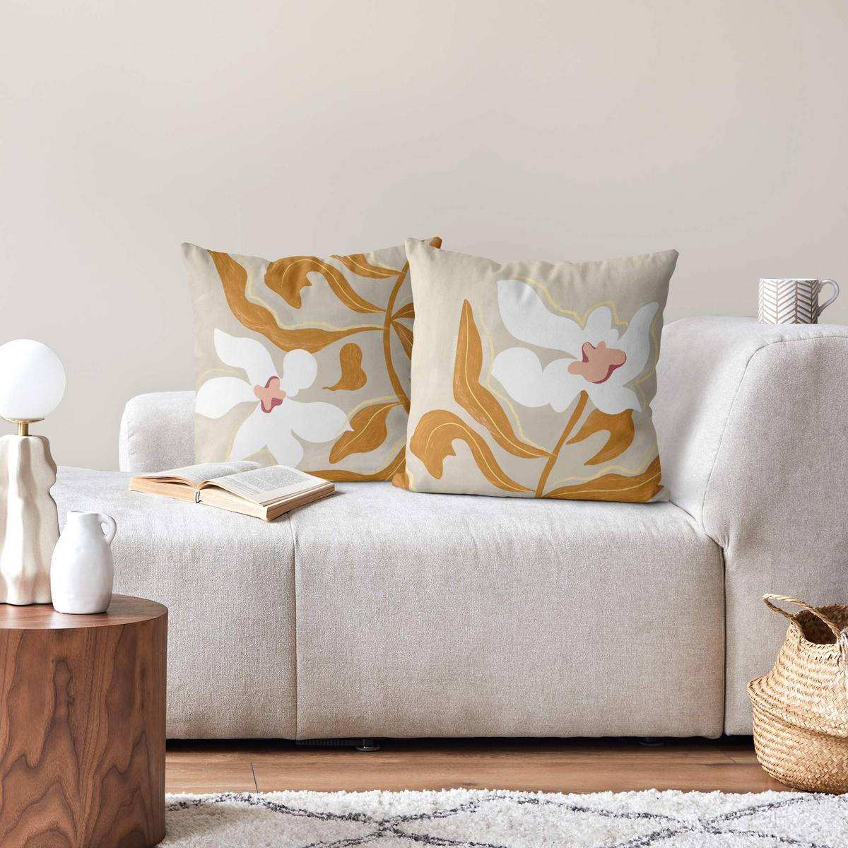 DEKOKISSEN 2er-Set Weiße Blüten mit gelben Blättern Duo 50/50 cm - Eichefarben, Textil (50/50cm) - Bilderwelten