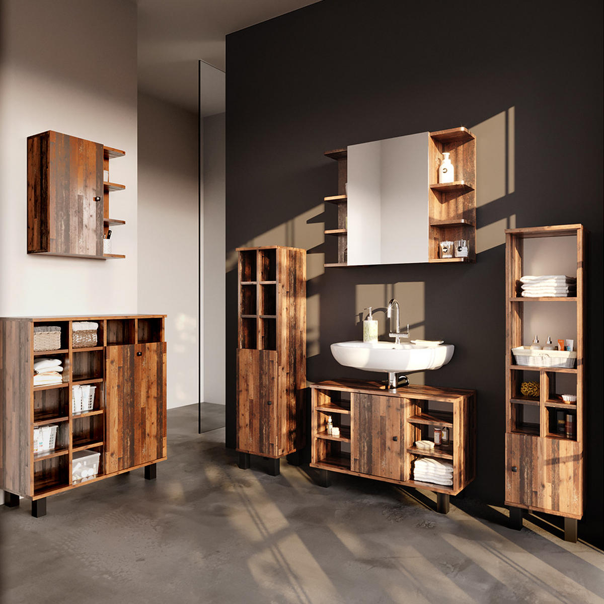 BADMÖBEL-SET Fynn Eiche rustikal 2 Teile, Unterschrank 80 cm - Wildeiche, Holzwerkstoff (60/54/32cm) - Vicco