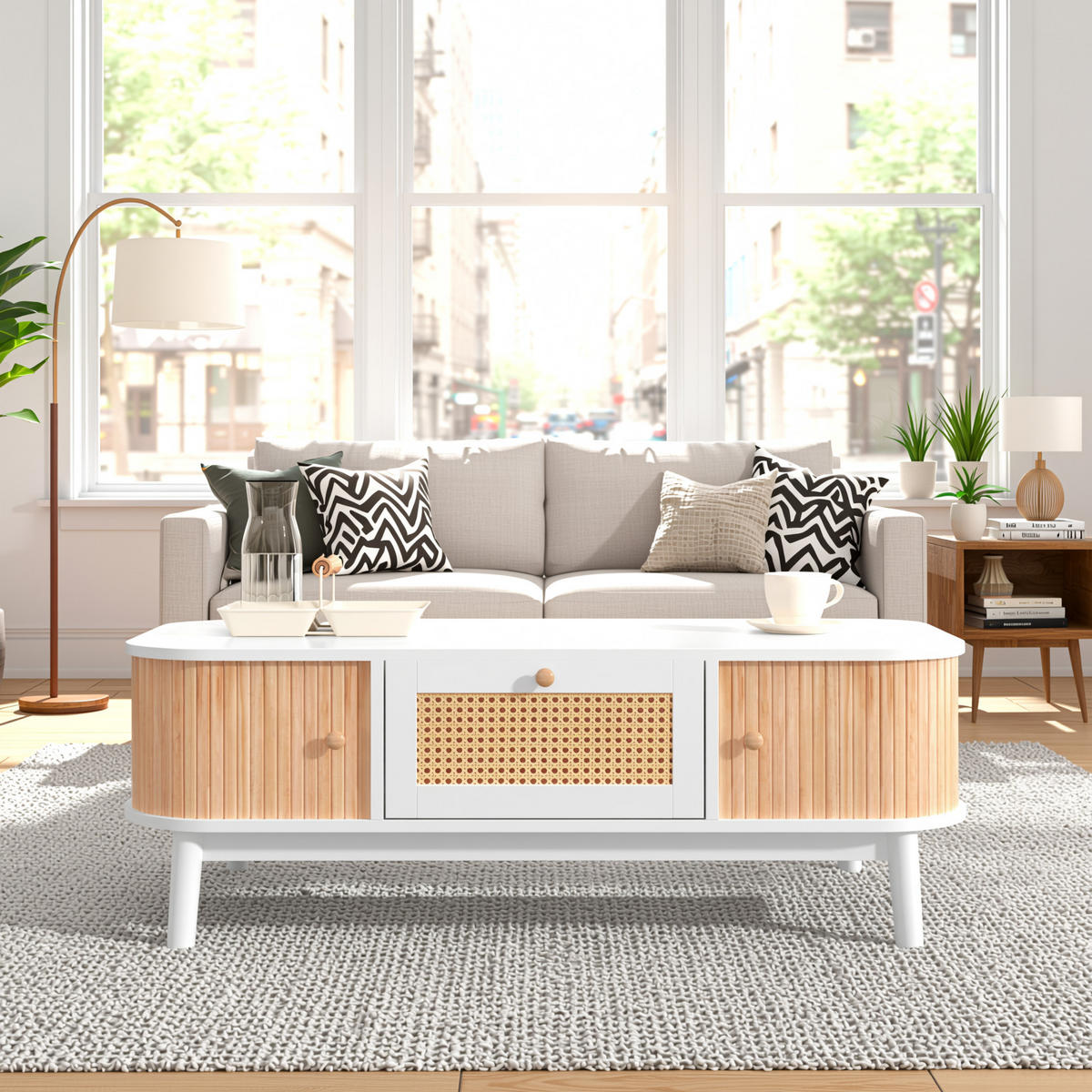 COUCHTISCH weiß & holz-optik mit rattan-schublade & massivholz-schiebetüren - Weiß, Holzwerkstoff (55/110/38.5cm) - Urban Meuble