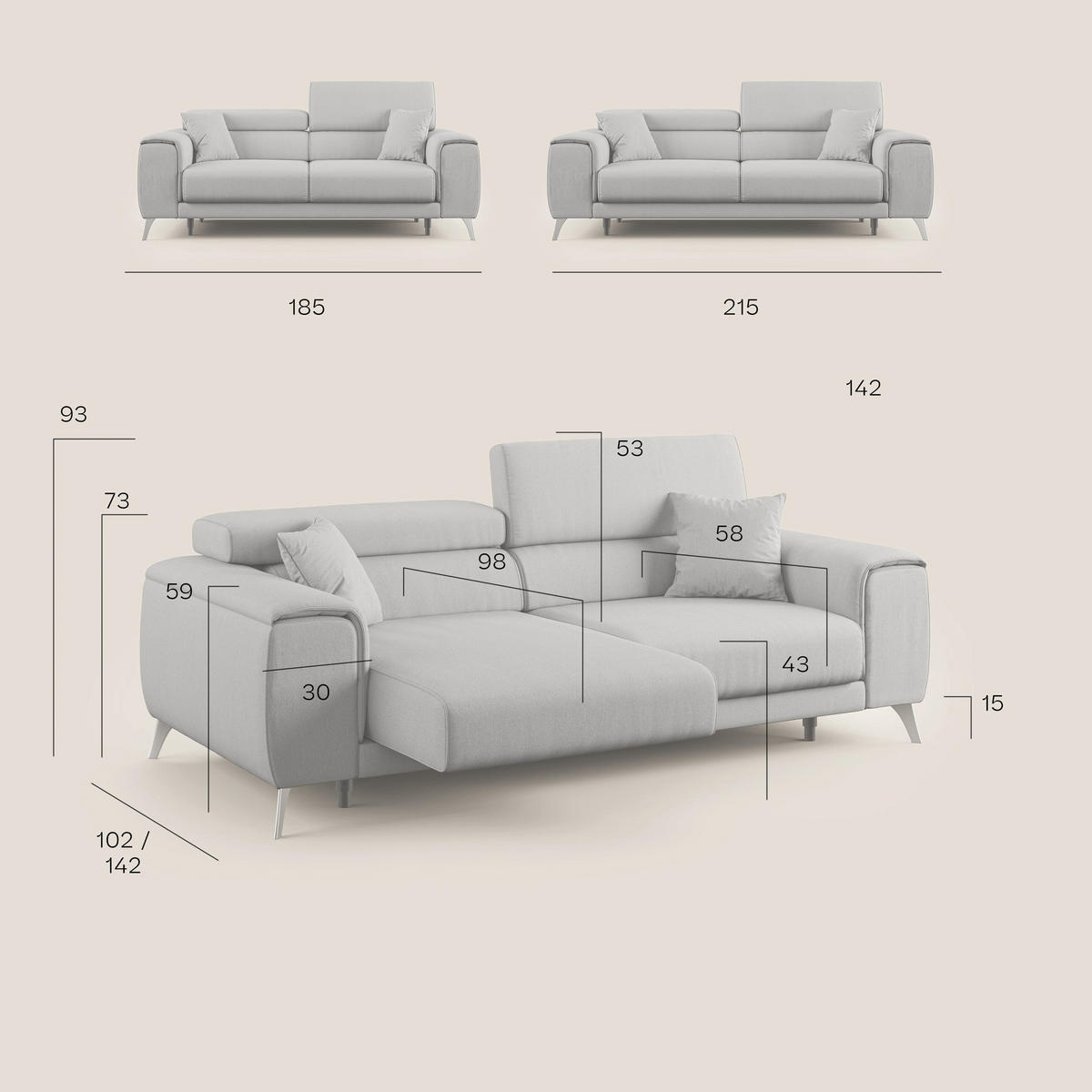 LINEARSOFA Fusion - Grau, Textil (185/73/102cm) - Divani.store